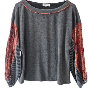 THML Gray Rust Blue Floral Multi Textured Long Puff Sleeves Size M Boho Hippie